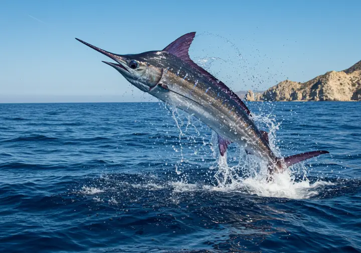 Marlin leaping out of the water in Cabo San Lucas, representing luxury fishing adventures.