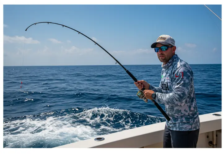 Angler battling a large fish in Cabo San Lucas, representing the perfect conditions for sport fishing in March.