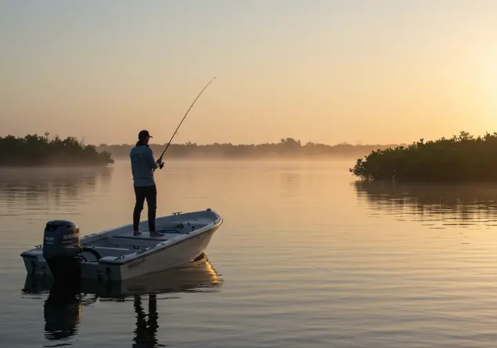 In shore fishing experience: angler casting a fishing rod from a boat in calm waters at sunrise, embodying peacefulness.