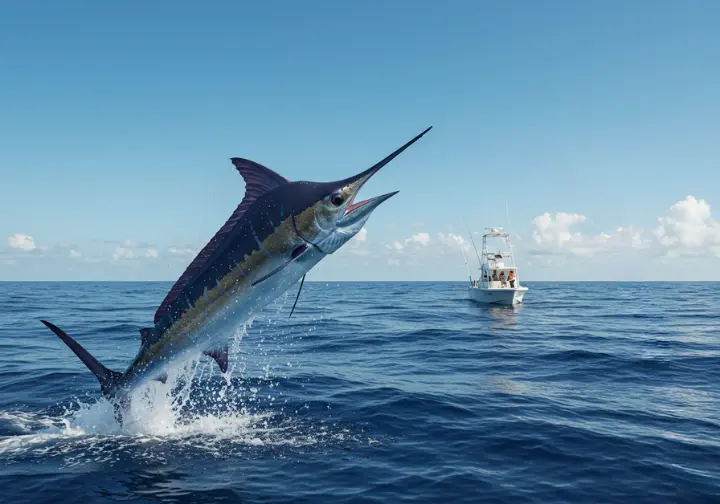 Marlin jumping out of water off Quepos, fishing rod bent, adventure awaits.