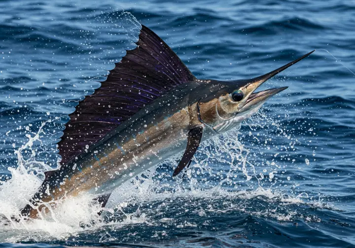 Sailfish leaping out of the water during a deep sea fishing trip in Costa Rica.