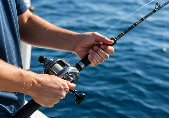 Hands gripping a fishing rod, reeling in a tuna, symbolizing the start of a fishing adventure.