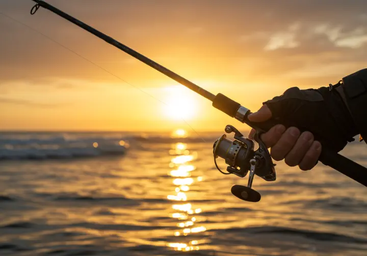 Surf fishing gear guide: angler holding rod and reel combo ready to cast into the ocean at golden hour.