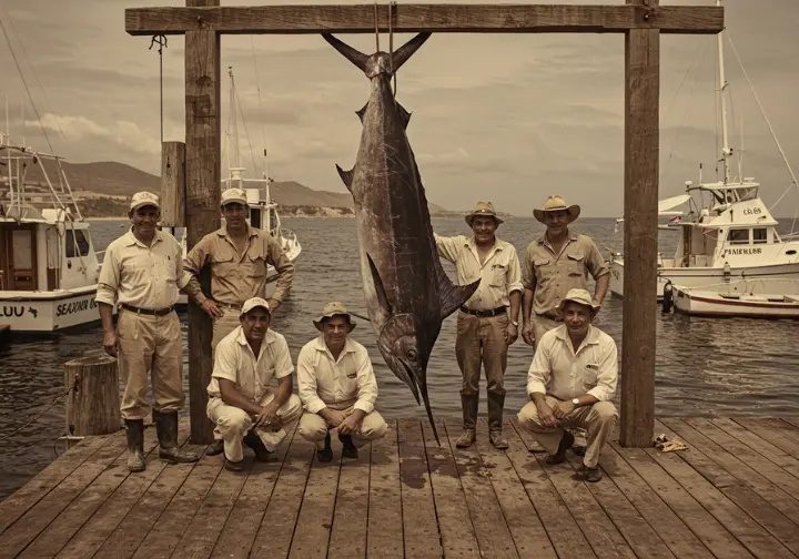 Historical photo depicting Cabo San Lucas's marlin fishing legacy, showing fishermen with a large marlin catch.