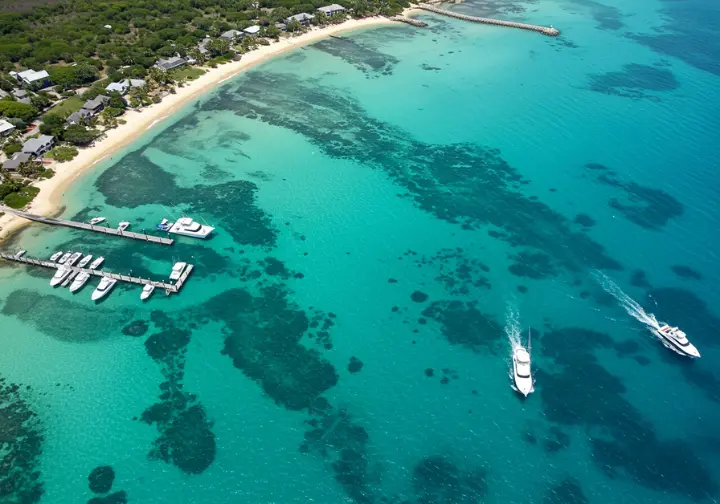 Aerial view of marina and coastline, showcasing prime deep sea fishing destinations in Costa Rica.