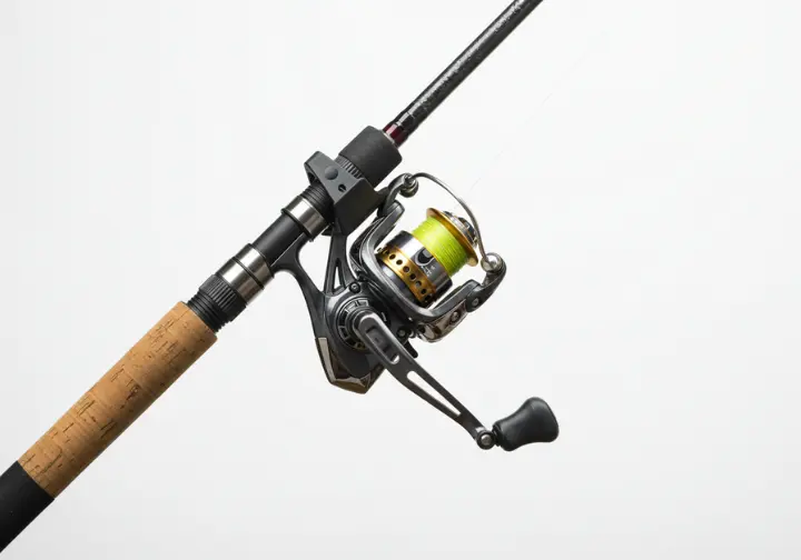 Close-up of a durable deep water fishing reel and rod, highlighting their robust construction.