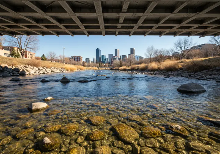 Denver South Platte urban oasis: clear river flowing through Denver with city skyline in the background.
