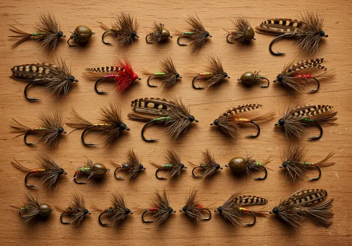 A collection of essential Irish fly patterns for trout and salmon fishing, showcasing variety and traditional designs.