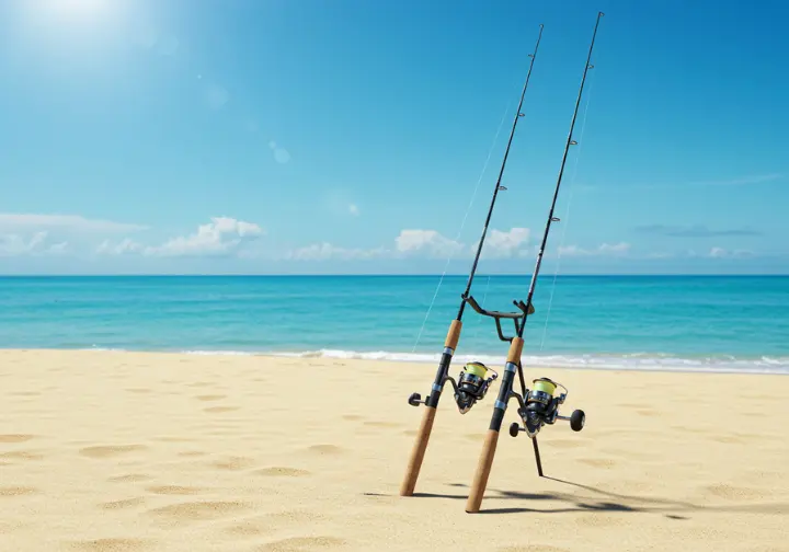 Surf fishing rods and reels: pair of different styles leaning against a sand spike rod holder on a sunny beach.