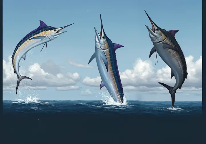 Exploring Cabo's marlin varieties: infographic showcasing the key features and peak seasons for striped, blue, and black marlin in Cabo.