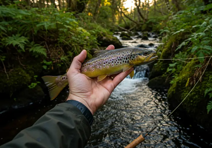 Freshly caught wild brown trout from one of Galway's hidden fishing gems showing the region's pristine waters and abundant fish stock