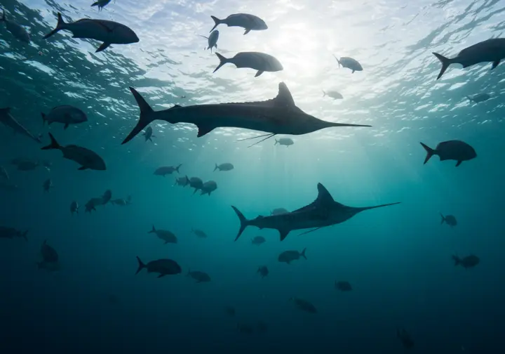 Underwater view of diverse fish species in Cabo San Lucas in March, including marlin, swordfish, and snapper.