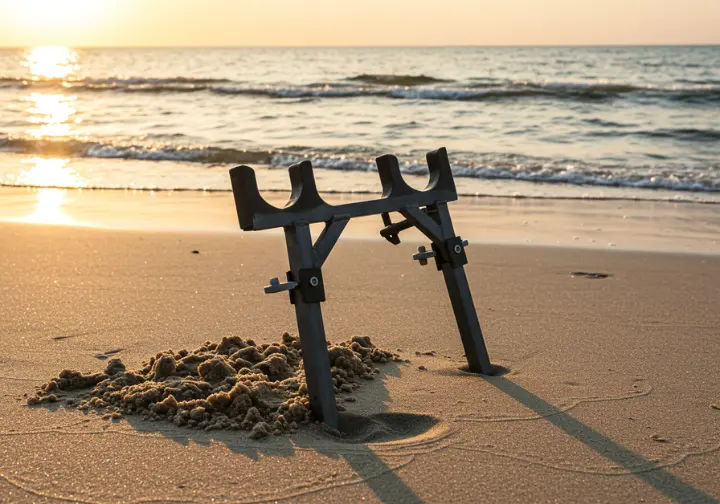 Durable metal surf casting rod holder securely positioned in beach sand, illustrating the importance of quality equipment for surf fishing.