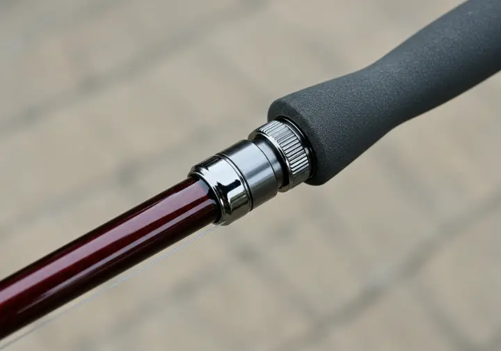 Close-up of saltwater rod essentials, including reel seat, handle, and part of the reel, highlighting durability.