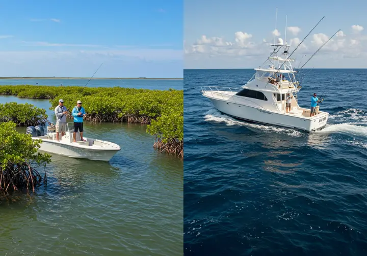 Texas Gulf Coast fishing adventures: split image of inshore bay fishing and offshore sportfishing scenes.