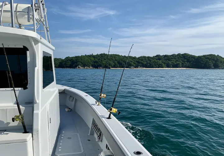 View from a boat of the coast, highlighting the best spots for deep sea fishing across the United States.