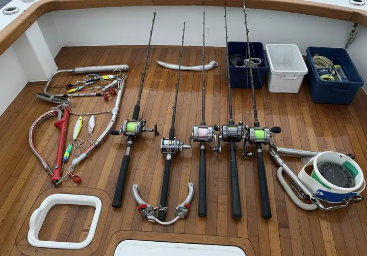 Essential tuna fishing gear, including rods, reels, lures, and hooks, arranged on a boat deck.