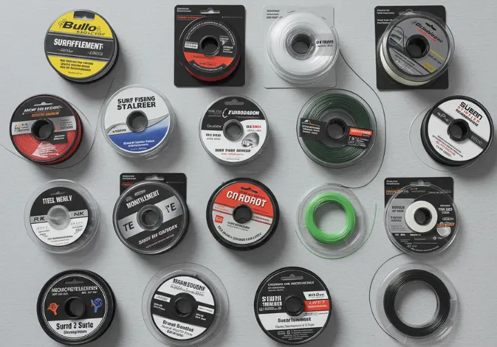 Display of various surf fishing line types - monofilament, fluorocarbon, and braided - for understanding line characteristics and options.