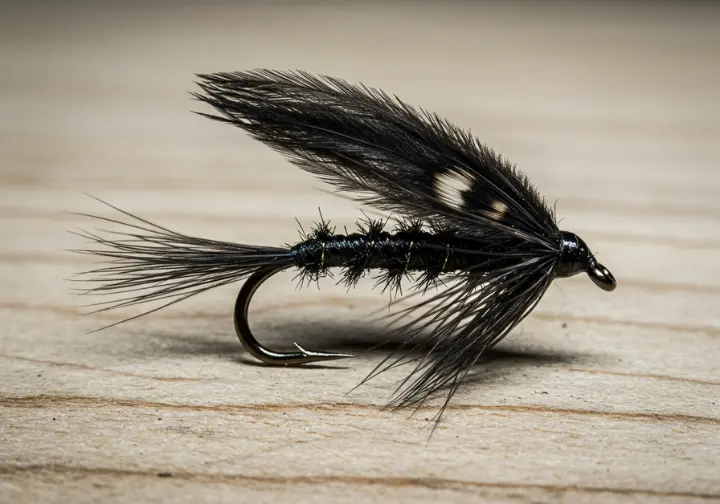 Close-up of a black Wooly Bugger fly, showing its construction and materials.