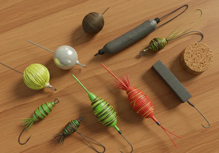 Different types of fly fishing strike indicators including yarn, bubble, foam, and cork, displayed on a wooden surface.