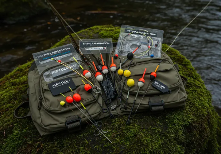 A selection of top-rated fly fishing strike indicators, including Thingamabobber, Air-Lock, and Oros, displayed on a fishing vest by a river.