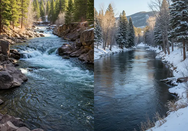 Clear Creek dual personality: split image showing wild rapids and calm winter tailwaters of Clear Creek.