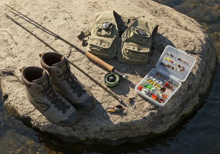 Essential gear and flies for Llano River fly fishing: showcasing recommended rod, reel, flies, and wading boots.