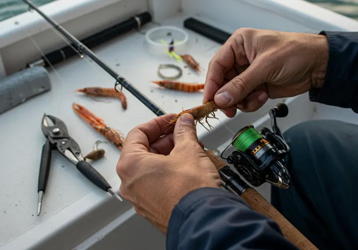 Mastering inshore fishing techniques: close-up of angler's hands rigging light tackle with live bait on a boat deck.