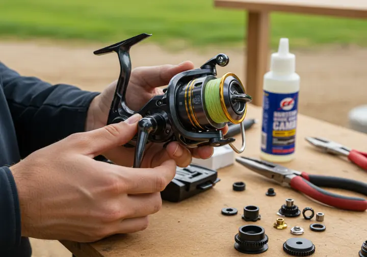 Hands examining a deep-water fishing reel, showcasing the selection and maintenance process.