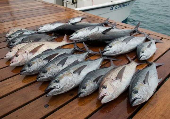 Variety of key fish species caught during Costa Rica deep sea fishing seasons, including sailfish, marlin, and tuna.