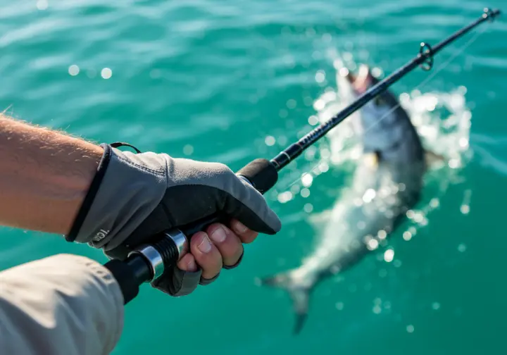 Hands holding a fishing rod and reel, illustrating the mastery of deep sea fishing techniques and adventure.