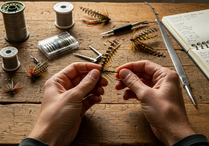 Expert angler demonstrating traditional Galway fishing techniques by tying an intricate fishing fly using local patterns and materials