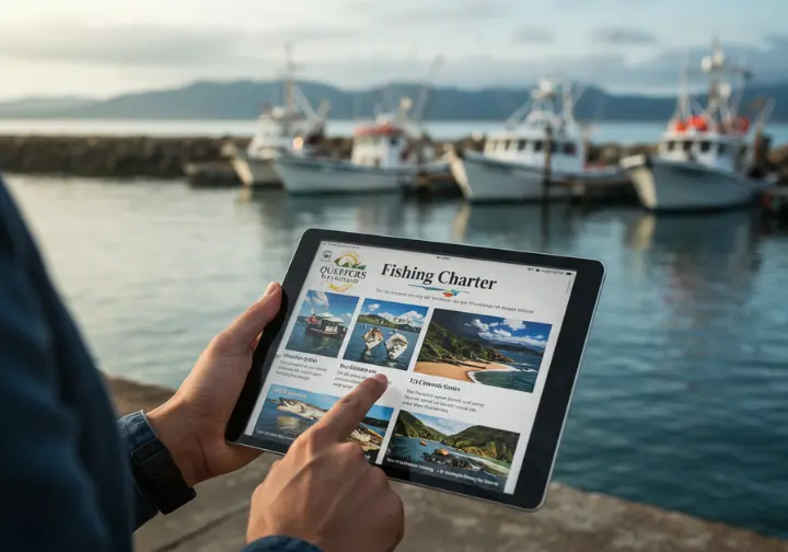 Person selecting fishing charter on tablet in marina, choosing ideal trip.