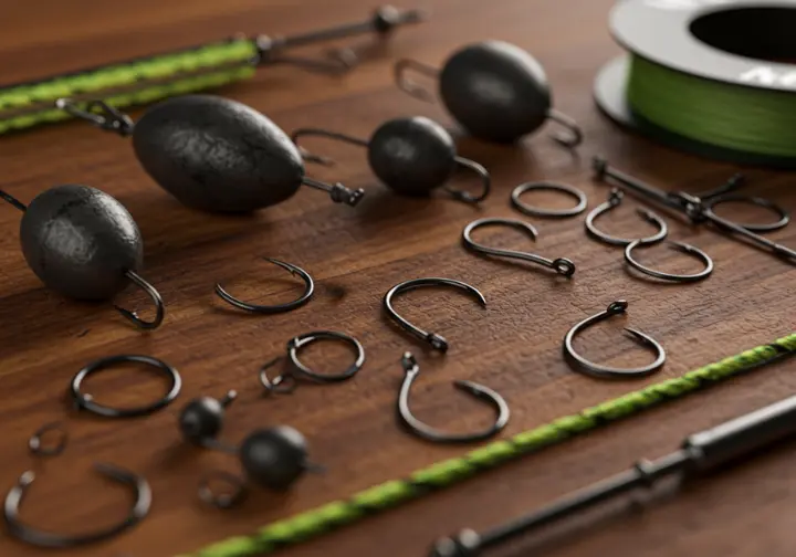 Surf fishing tackle and terminal: close-up of hooks, lines, and sinkers for surf fishing.