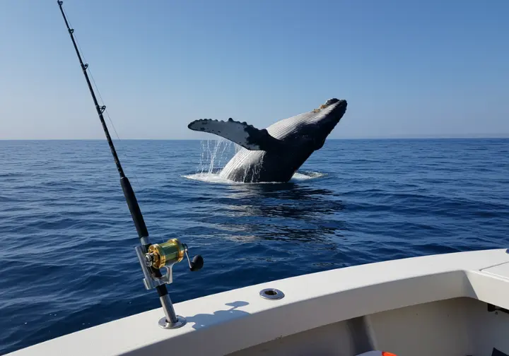 Humpback whale breaching near a fishing boat in Cabo San Lucas, highlighting the unique combination of fishing and whale watching in March.