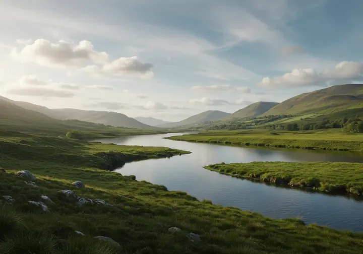 Scenic Irish river valley representing prime fly fishing locations in Ireland's rivers and loughs.