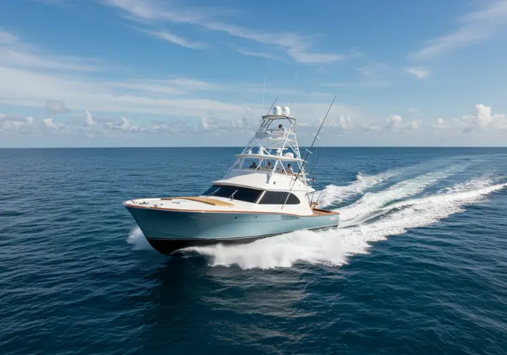 A fast-moving sport fishing boat on the deep blue ocean, representing epic tales from America's deep waters.