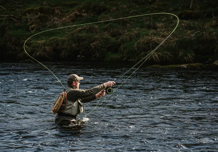 Fly angler demonstrating Irish fly fishing techniques with a dynamic cast in a clear river, showcasing skill and action.