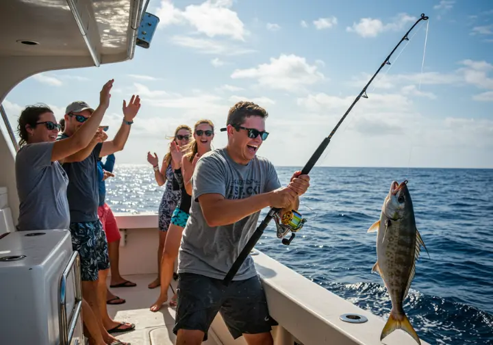 Successful angler reeling in a fish on a charter boat, enjoying the day.