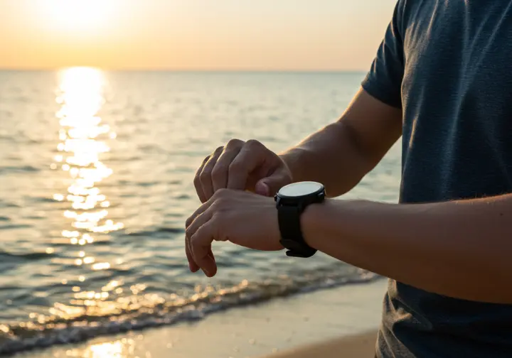 A medium shot of a person checking the time and the tide, wearing a watch at a beach. The background presents an ocean with clear water and a calm sea. The sun is positioned to indicate either early morning or late afternoon.