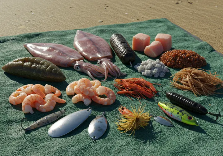 Surf fishing baits and lures: selection of squid, shrimp, sandworms, spoons, soft plastics, and bucktails on a beach towel.