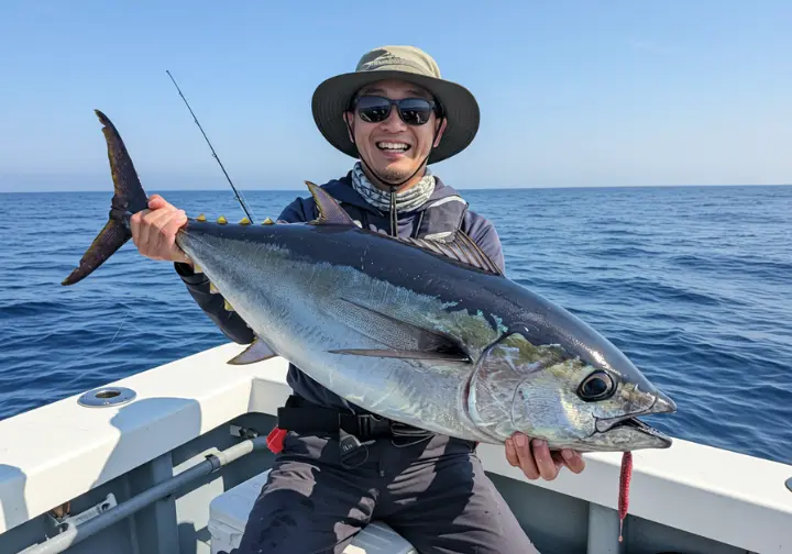 Person holding a large tuna, showcasing a successful and unforgettable fishing trip.