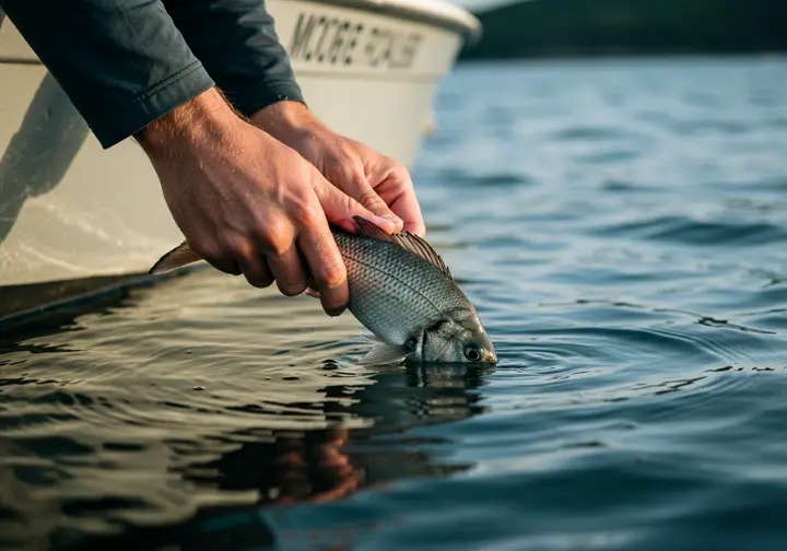 Conservation and responsible angling: angler releasing a fish back into clear inshore waters, promoting catch and release.