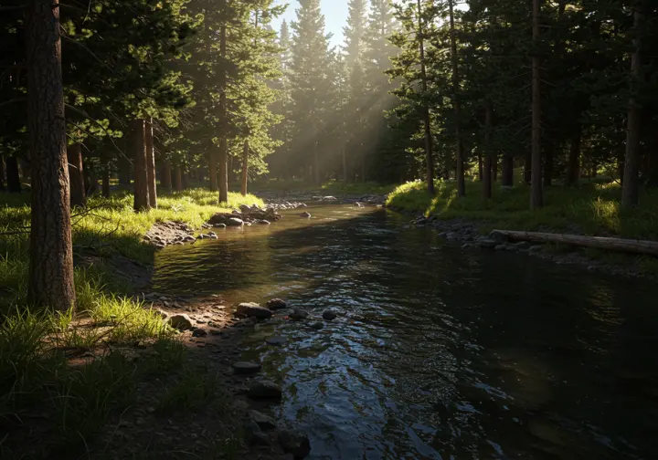 Deckers understated alternatives: quiet, pocket water section of North Fork of South Platte in a dense forest.