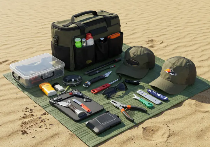 Surf fishing accessories and gear: tackle bag, knife, pliers, sun protection, and chair laid out on a beach mat