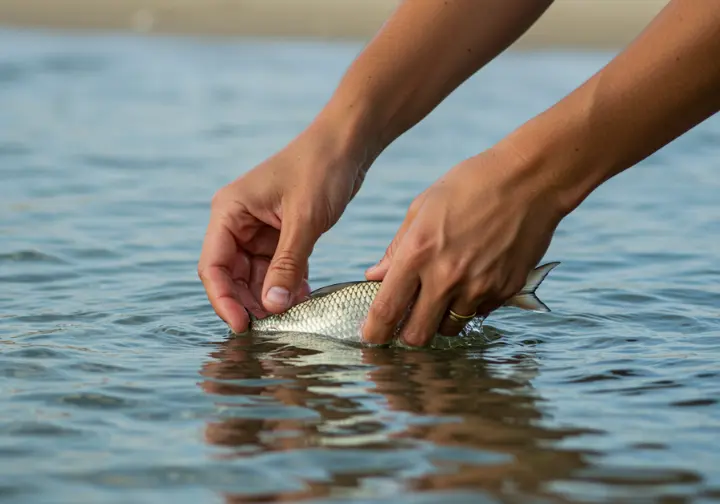 Hands releasing a fish back into the water, representing smart and sustainable fishing practices in Cabo.