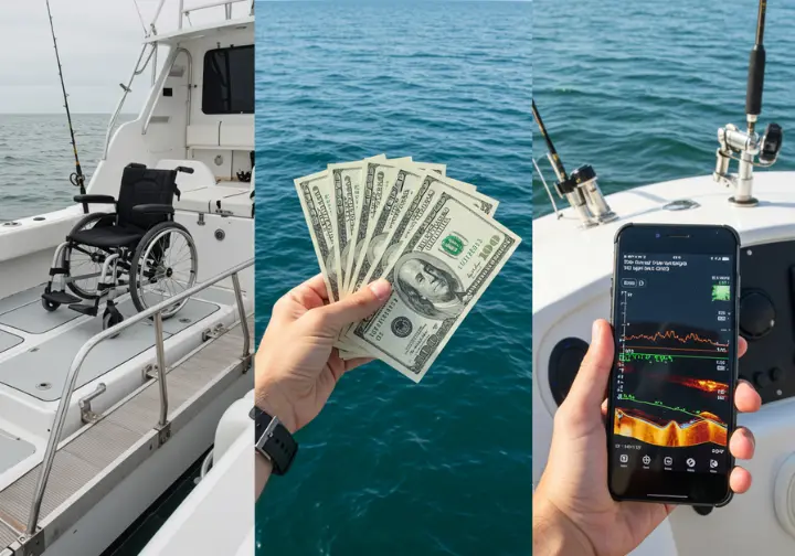 Key decision factors for fishing charters: triptych showing accessibility ramp, pricing invoice, and sonar technology.