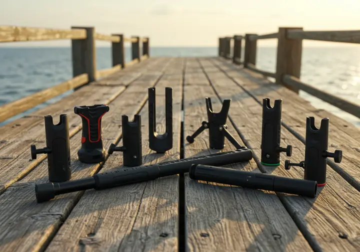 Recommended surf casting rod holders displayed on a pier, showcasing a product selection guide for anglers seeking top-rated and budget options.