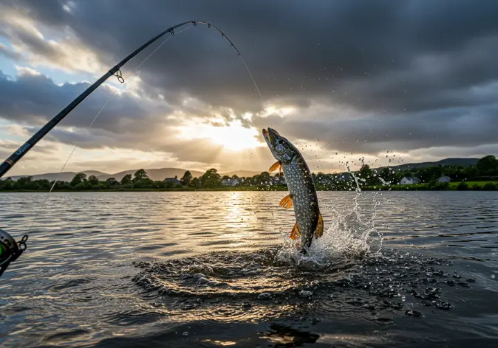 Exciting Galway fishing adventure moment capturing a large pike breaking the water surface during a strike in one of the region's renowned fishing lakes