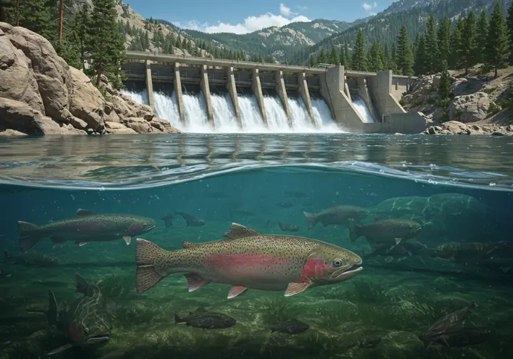 Big Thompson secret identity: clear tailwater below Lake Estes Dam with large rainbow trout visible.